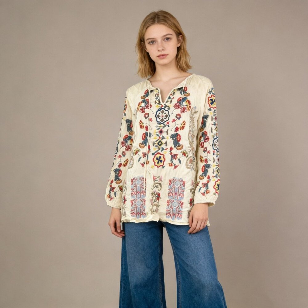 NWOT Johnny Was Biya Embroidered Floral Top Tunic Shirt Blouse Yellow Sz S